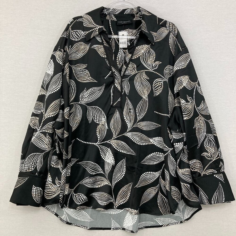 New Lane Bryant size 28 Black Gray Leaf Print Collar Long Sleeve Popover Blouse